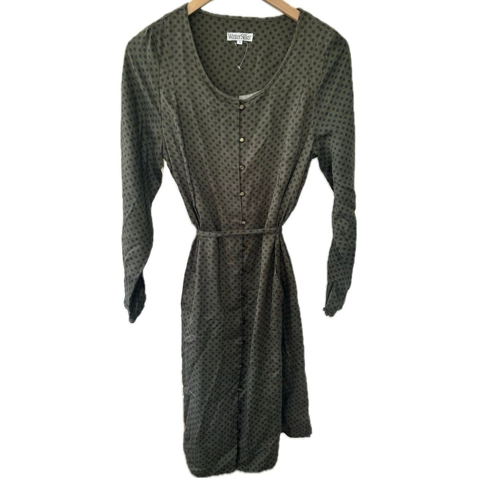 Vintage WinterSilks NWOT Women's Polka Dot Button Down Tie Belt Pockets Dress S